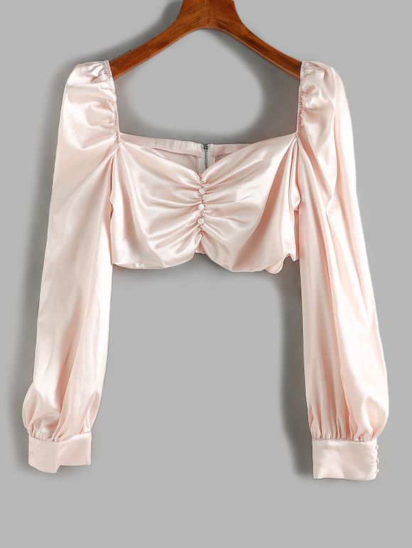 Chemisier Court Boutonné de Grande Taille en Satin à Volants - Rose clair 3XL