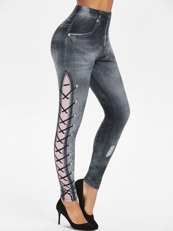 Legging Moulant Imprimé 3D Jean à Coupe Haute à Lacets - Noir 3XL