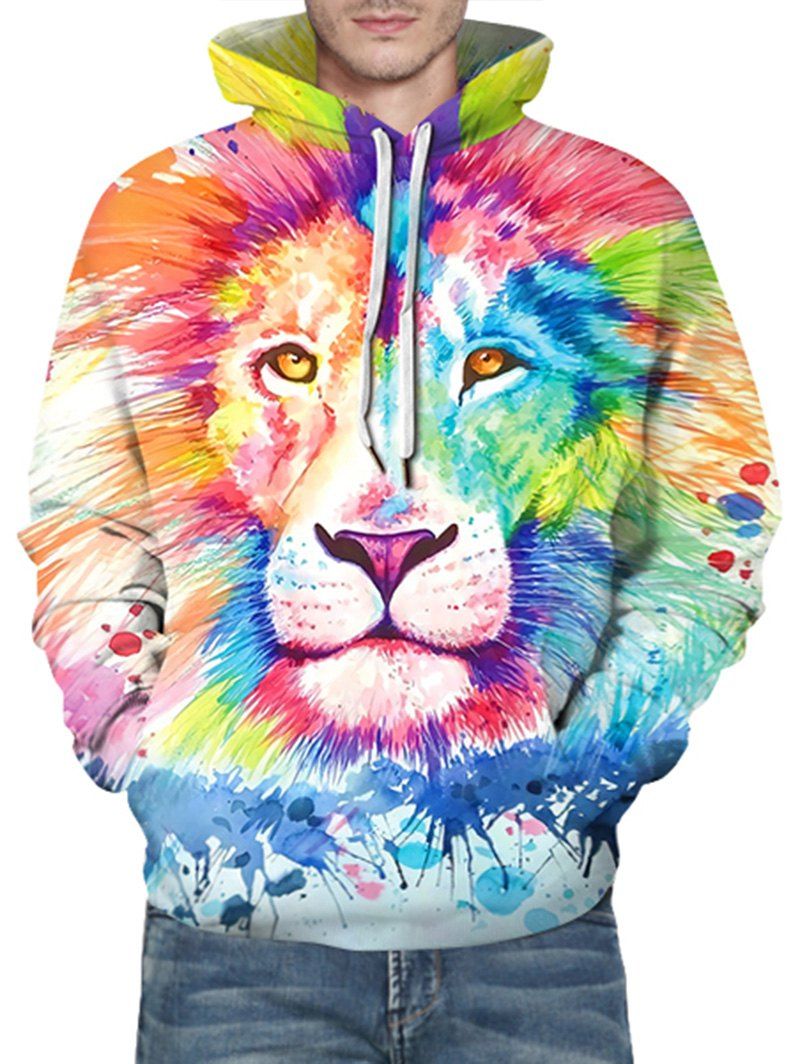 Paint Splatter Lion Print Front Pocket Drawstring Hoodie - FANTASTIC M