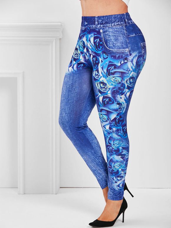 Legging Moulant à Imprimé 3D Fleur à Taille Haute de Grande Taille - Bleu 5X