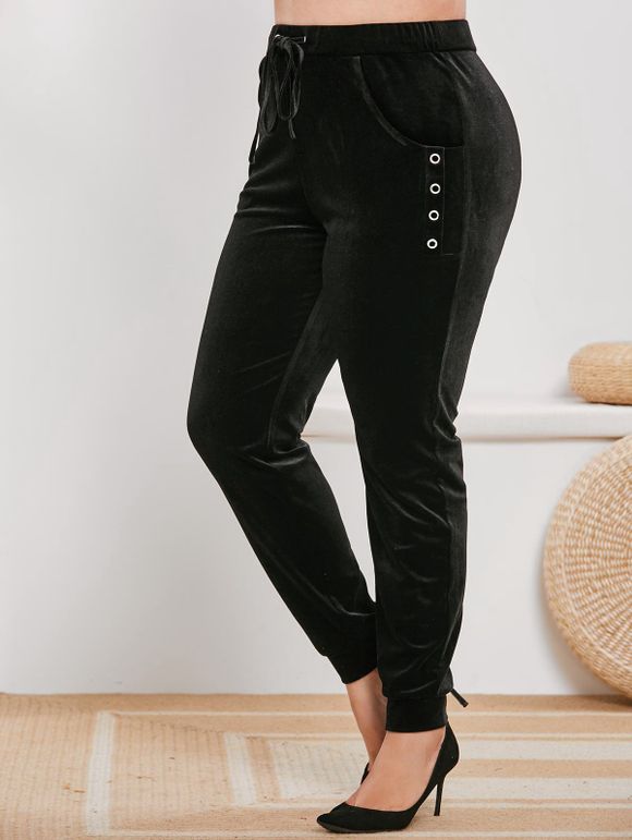 Pantalon en Velours avec Cordon de Serrage et Œillets de Grande Taille - Noir 4X