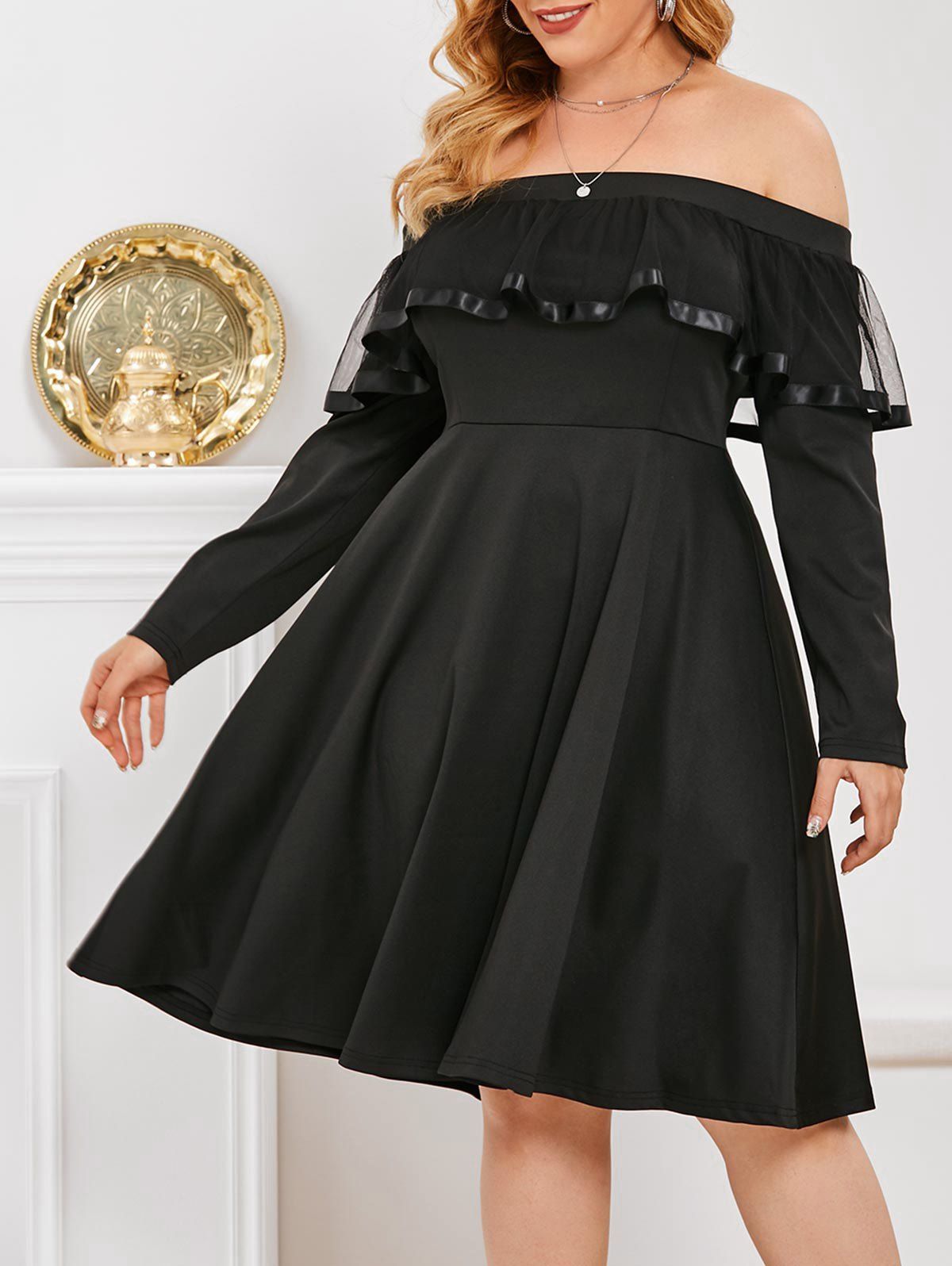 Plus Size Off The Shoulder Mesh Ruffled Dress - BLACK L