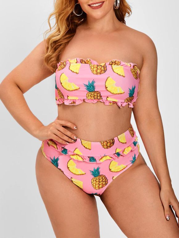 Maillot de Bain Bikini Bandeau à Imprimé Ananas de Grande Taille à Volants - Rose clair 3XL