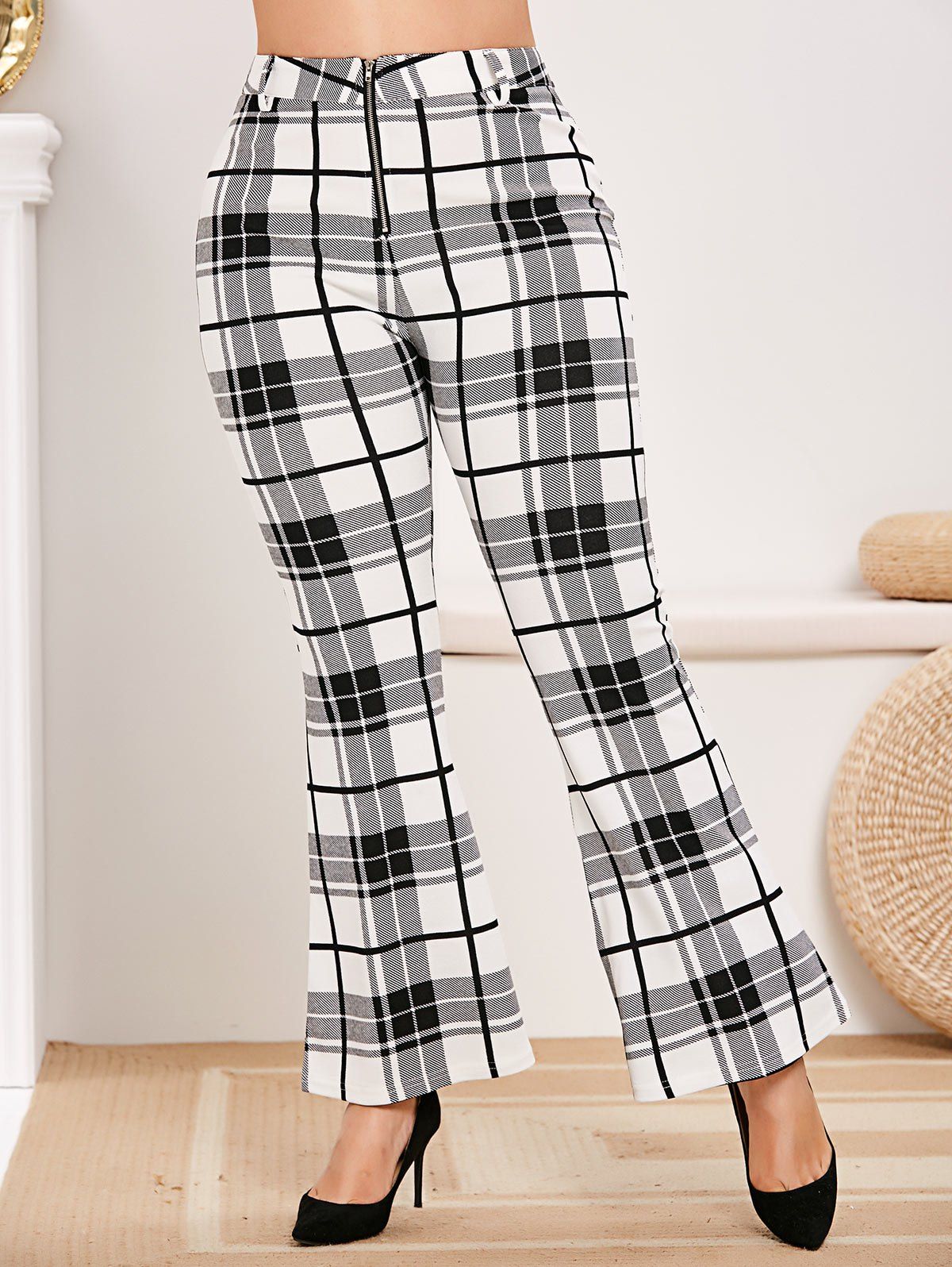 [37% OFF] 2020 Plus Size Zip Fly Plaid Bell Bottom Pants In WHITE ...