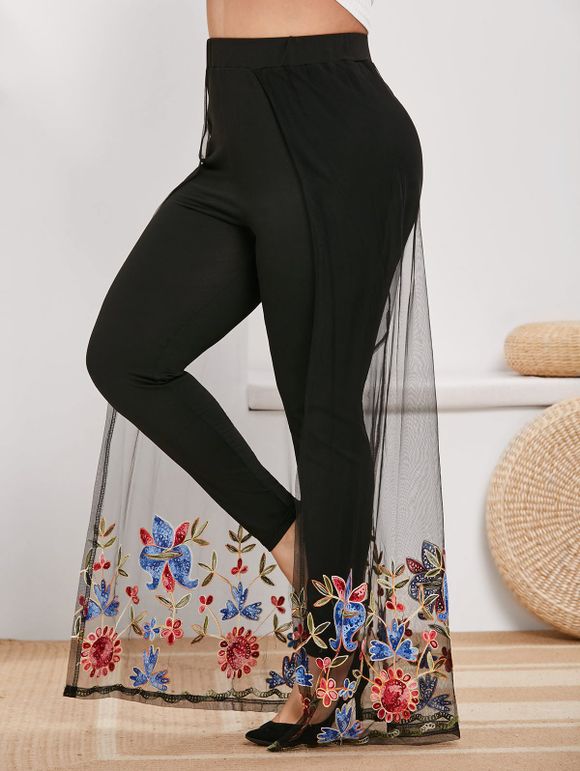 Pantalon Superposé Fleur Brodée Panneau en Maille de Grande Taille - Noir L
