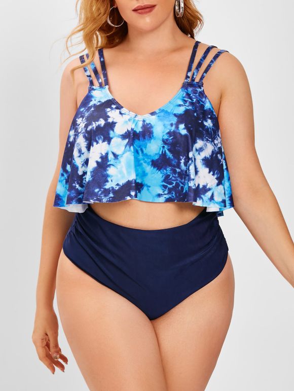 Maillot de Bain Tankini Bandeau Teinté à Bretelle de Grande Taille à Volants - Bleu 4X