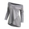 Overlap Front Cowl Neck Stripes Panel Tee - GRAY S
