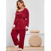 Plus Size Lace Trim Satin Three Piece Pants Pajamas Set - RED 3X