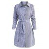Striped Mix Belted Shirt Dress - LIGHT BLUE XL