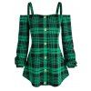 T-shirt Boutonné à Carreaux Imprimés à Epaule Dénudée - Vert profond 3XL