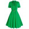 Lace-up Front Belted High Waist Flare Mini Shirt Dress - GREEN S