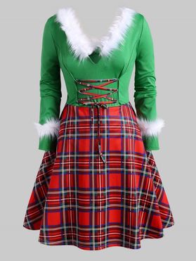 Faux Feather Plaid Lace Up Christmas Plus Size Dress