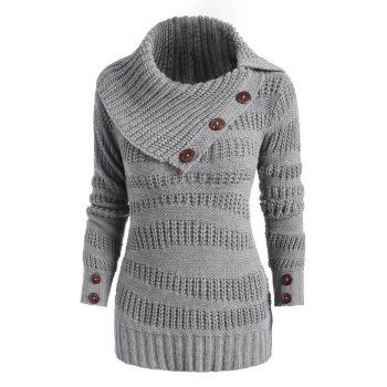 

Mix Knit Irregular Turn Down Collar Mock Button Sweater, Gray