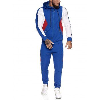 

Contrast Zip Up Ribbed Hoodie and Sports Pants Two Piece Set, Blue