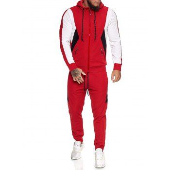 

Contrast Zip Up Ribbed Hoodie and Sports Pants Two Piece Set, Red