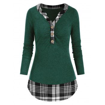

Plaid Insert Half Button Ruched T Shirt, Medium sea green