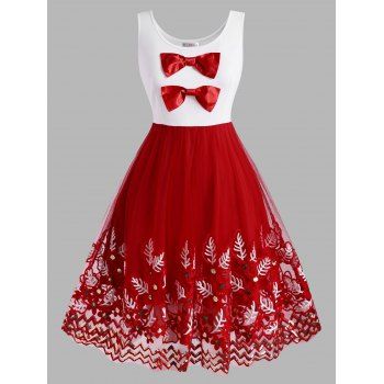 

Bowknot Plant Embroidered Sequins Christmas Plus Size Dress, Red