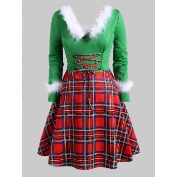 

Faux Feather Plaid Lace Up Christmas Plus Size Dress, Green