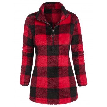 

Plaid Half Zipper Plush Sweatshirt, Red