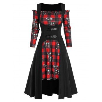 [34% OFF] 2024 Christmas Plaid Elk Print Off Shoulder Dress And Buckle ...