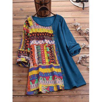 

Plus Size Mixed Media Ethnic Print Corduroy Top, Blue