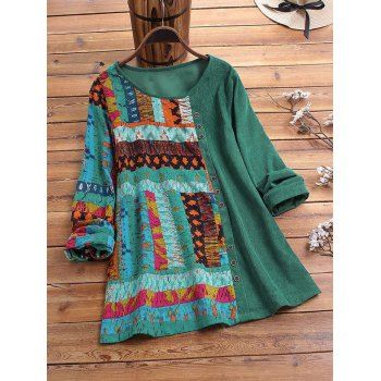

Plus Size Mixed Media Ethnic Print Corduroy Top, Deep green
