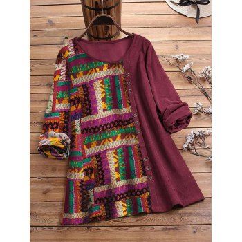 

Plus Size Mixed Media Ethnic Print Corduroy Top, Deep red