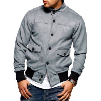 

Double Pockets Button Up Rib-knit Trim Jacket, Light gray