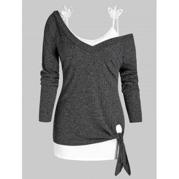 Image of Plus Size Skew Neck Knitted Tied Top with Butterfly Applique Camisole