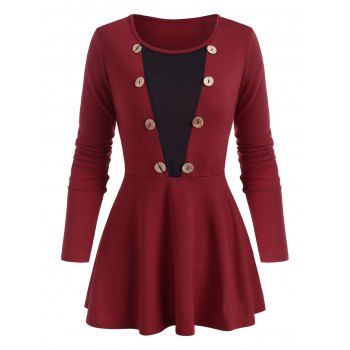 

Colorblock Mock Button Long Sleeve T Shirt, Red