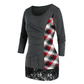 

Plus Size Plaid Patchwork Lace Panel T Shirt, Dark gray