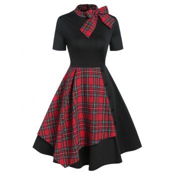 

Vintage Plaid Bowknot Flare Dress, Black