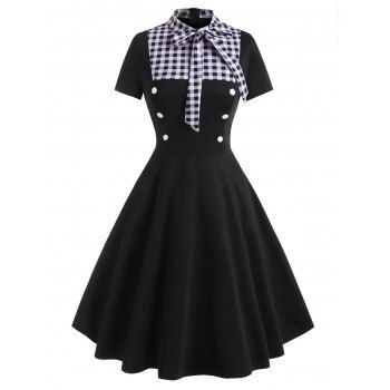 

Gingham Pussy Bow Mock Button Dress, Black