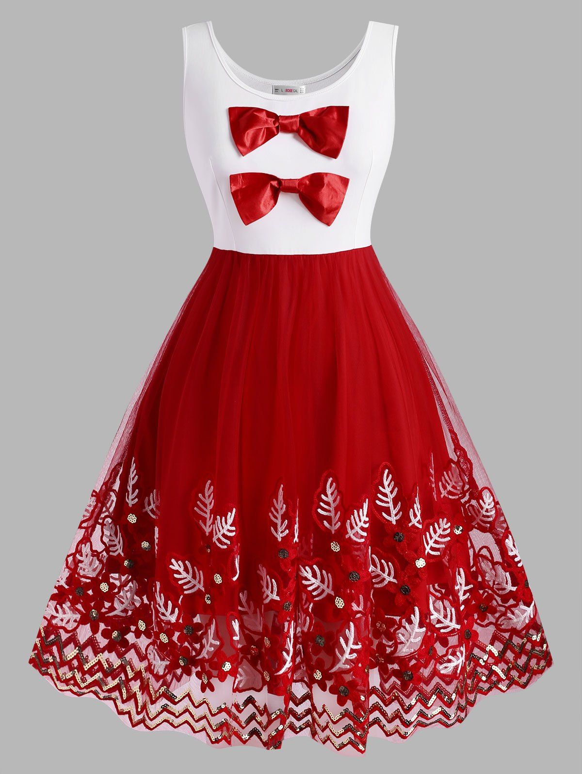 Bowknot Plant Embroidered Sequins Christmas Plus Size Dress - RED 4X