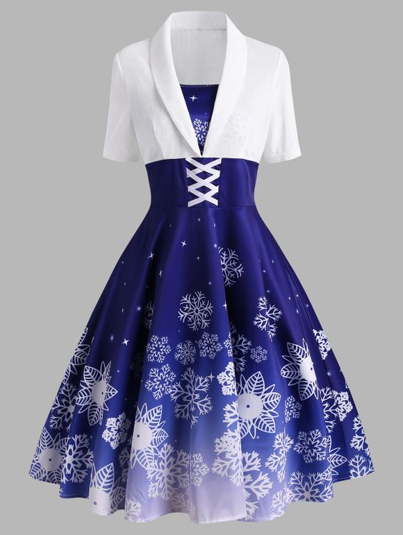 Christmas Snowflake Criss Cross Velvet Insert Dress - BLUE M