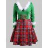 Faux Feather Plaid Lace Up Christmas Plus Size Dress - GREEN 3X