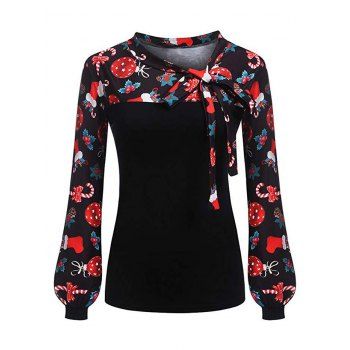 

Pussy Bow Christmas Pattern Long Sleeve Blouse, Black