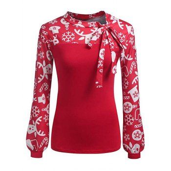 

Pussy Bow Christmas Pattern Long Sleeve Blouse, Red
