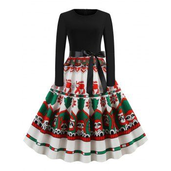 

Vintage Christmas Pattern Belted Long Sleeve Dress, Multicolor