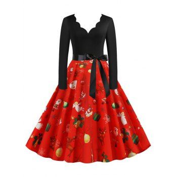 

Vintage Scalloped Neck Christmas Printed Belted Dress, Red