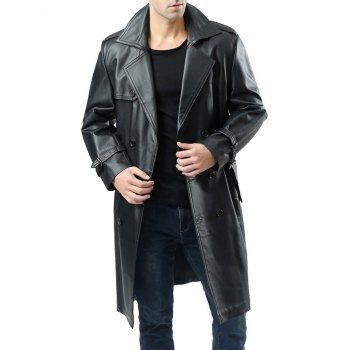 

Double Breasted Faux Leather Belted Coat, Black