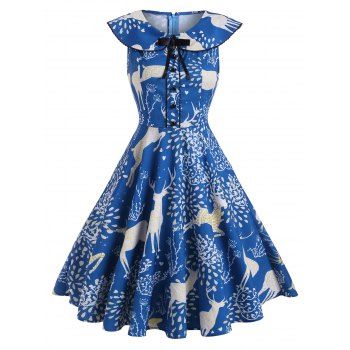 

Peter Pan Collar Christmas Elk Plants Print Dress, Blue