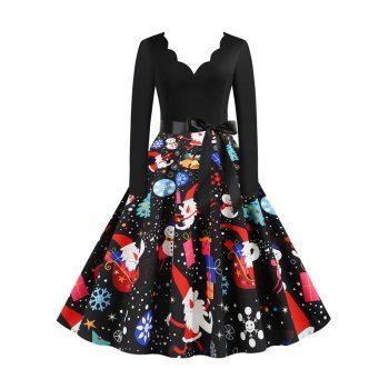 

Scalloped Neck Christmas Pattern Belted A Line Dress, Black