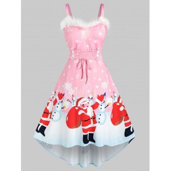 

Plus Size Christmas Snowman Santa Claus Faux Fur Insert Lace Up Dress, Light pink