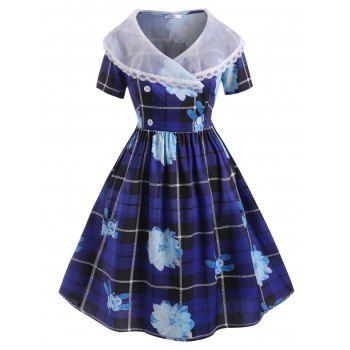 

Floral Plaid Organza Panel Lace Trim Plus Size Dress, Blue