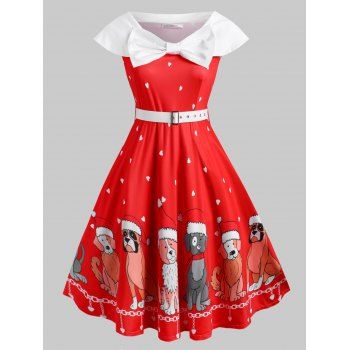 

Belted Bowknot Christmas Puppy Dog Heart Plus Size Dress, Red