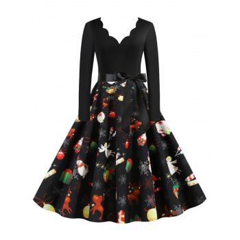 

Christmas Pattern Scalloped Neck Belted A Line Dress, Black