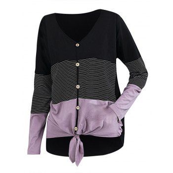 

Striped Button Front Knot Curved Hem Tee, Black