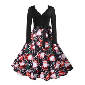 

Christmas Snowflake Santa Claus Scalloped V Neck Belted Dress, Multicolor a