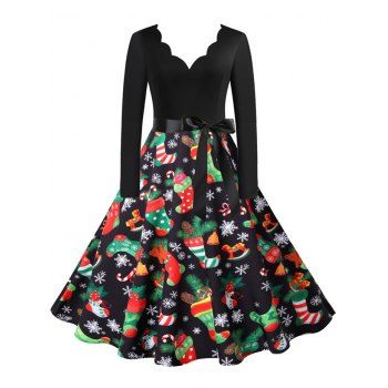 

Christmas Snowflake Santa Claus Scalloped V Neck Belted Dress, Multicolor b
